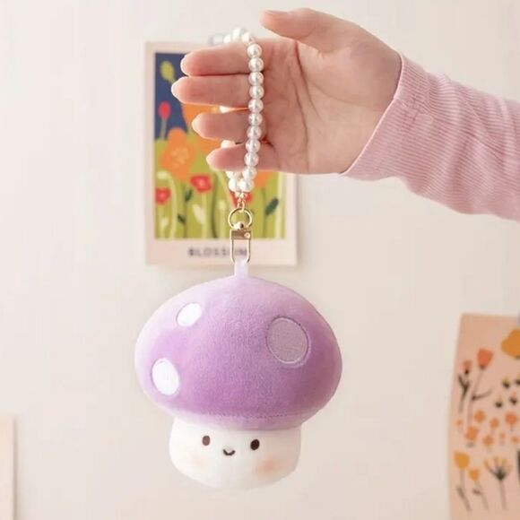 Brown Cap mushroom plush keychain pearl handle gift cottagecore accessory - Picture 3 of 4
